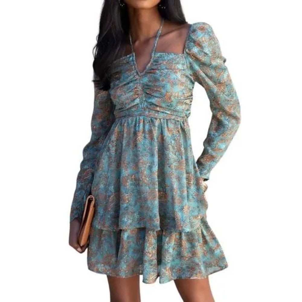Moon River Teal Brown Dress Size S Floral Tiered Long-Sleeve Mini Dress in Teal